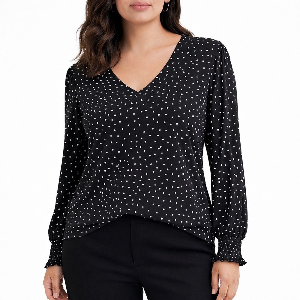 Chicos Touch of Cool Black White Polka Dot Smocked V Neck Long Sleeve Tee